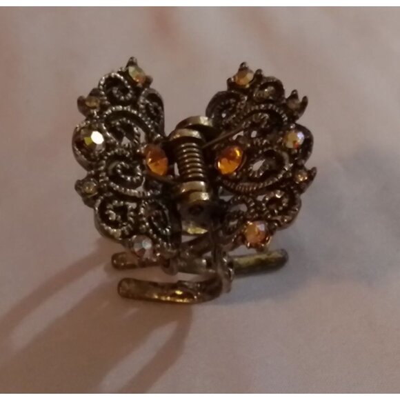 Vintage Butterfly Metal Hair Claw Clip Rhinestone Accents & Intricate Filigree - Picture 1 of 4